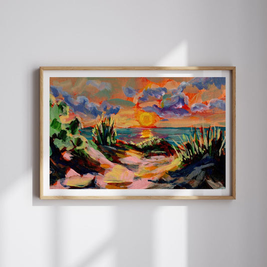 "Chasing Sunsets" Michigan Beach Art Print, Coastal Home Decor